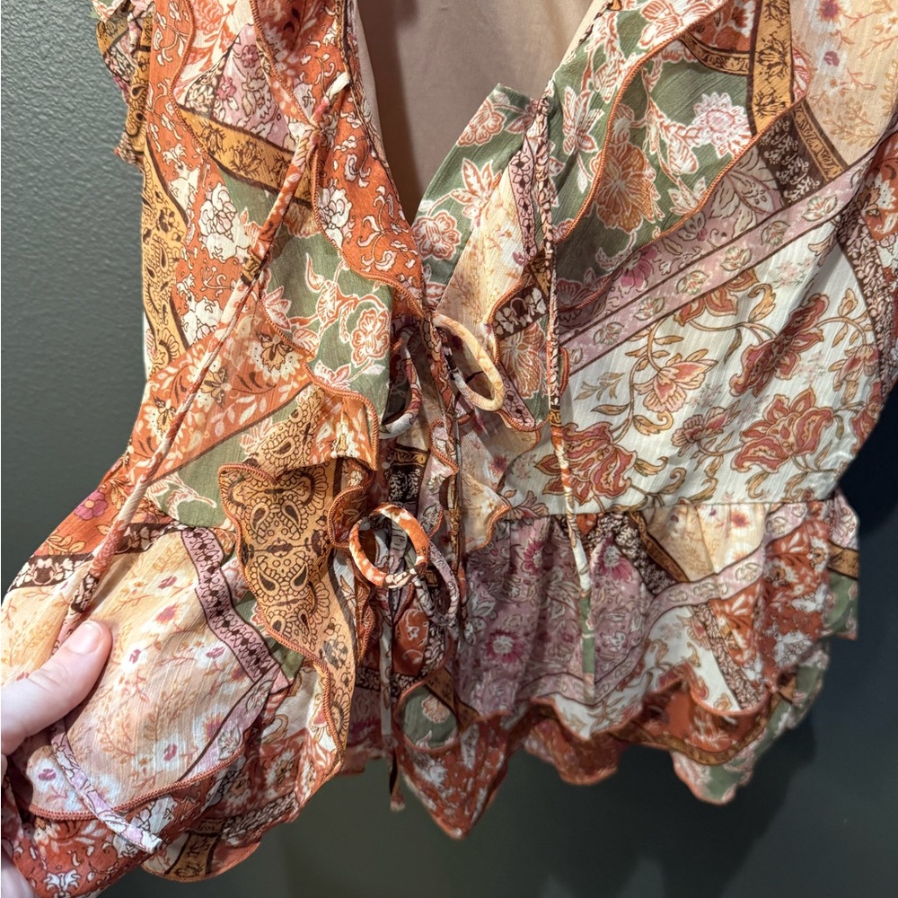 Tie-Front Ruffle Patchwork Blouse in Rust Multi - Picture 3 of 7